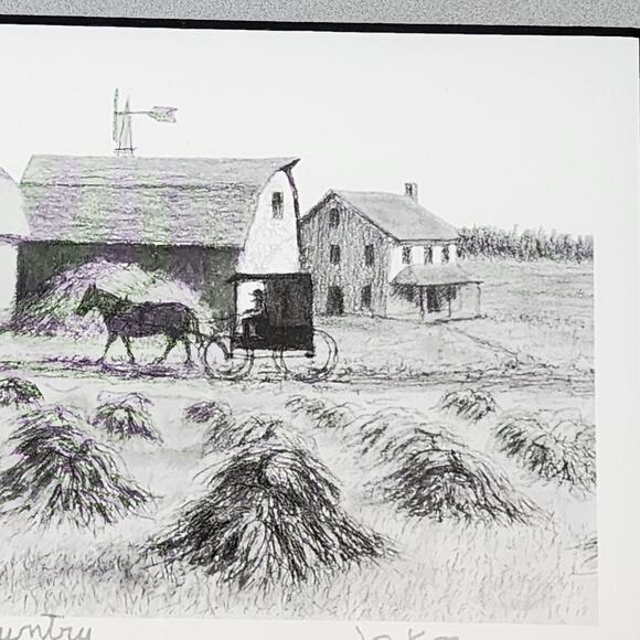 Vintage Amish Country Pencil Drawing Print Signed JO K0 10x12 Barn Horse Buggy - Picture 6 of 14